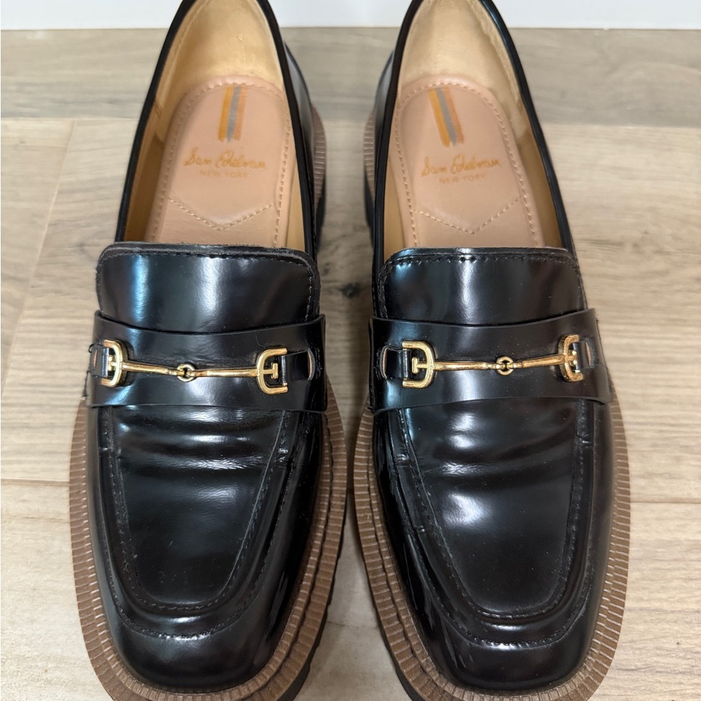 Sam Edelman Black Leather Loafers with Gold Accent | Brand New